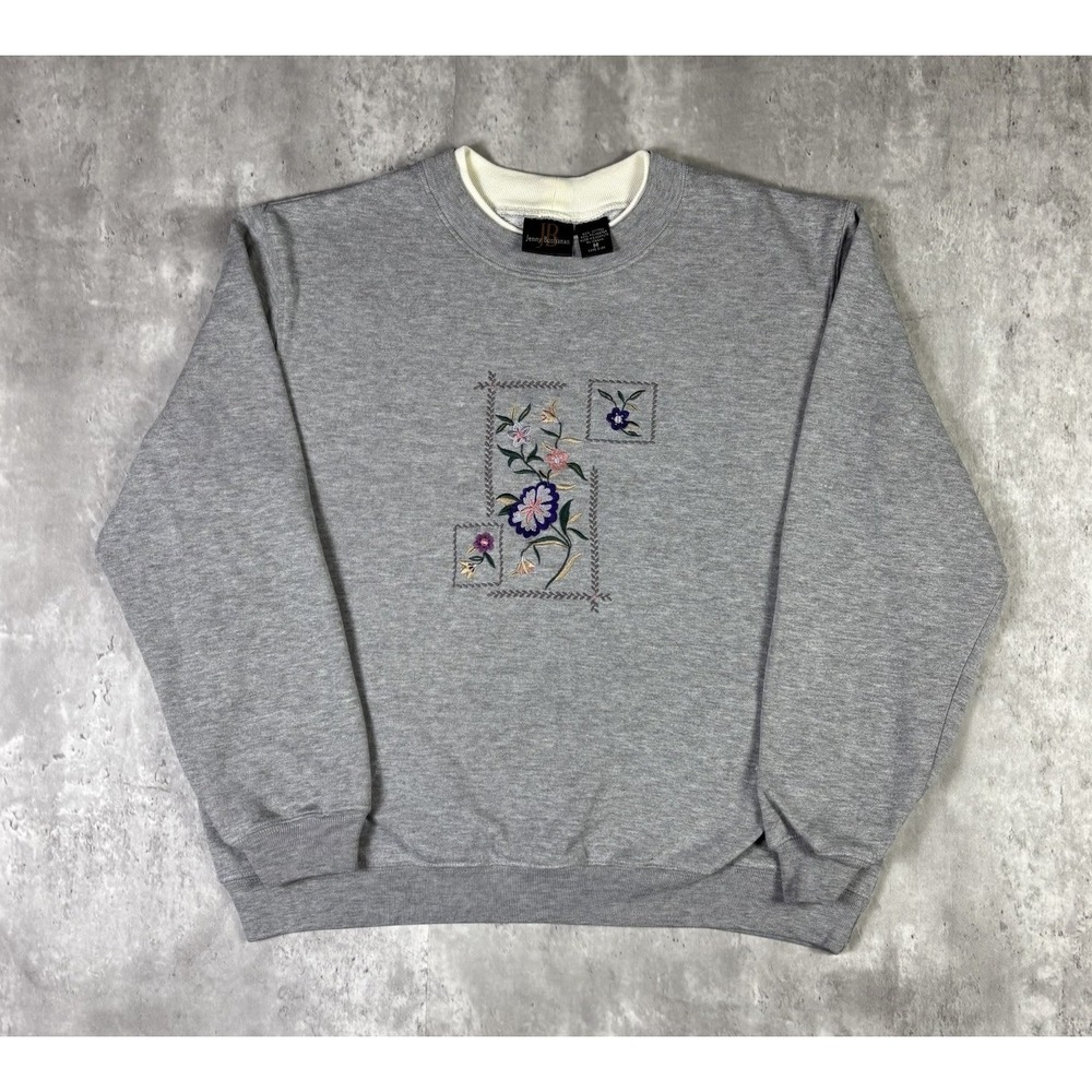 Vintage Jenny Buchanan Flower Sweatshirt Gray Embroidered Pullover 90s Mens M